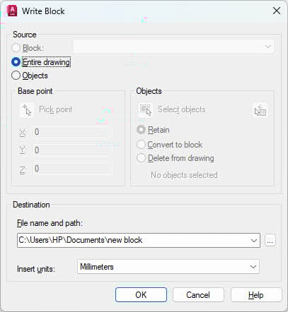 Use Write block dialog in AutoCAD to recover AutoCAD file