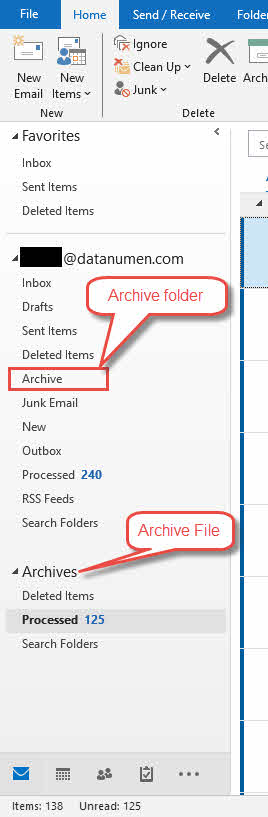 The Archive folder and the Archive file in the left pane of the Outlook.