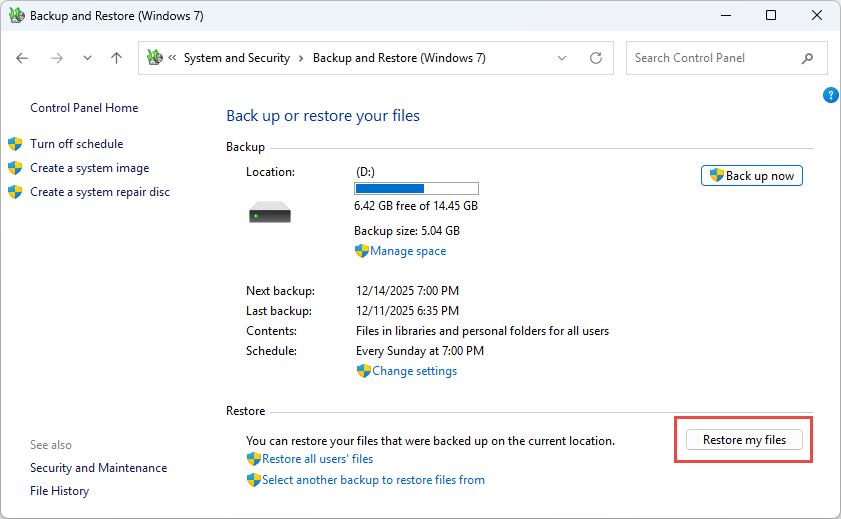 "Restore my files" in Backup and Restore (Windows 7).