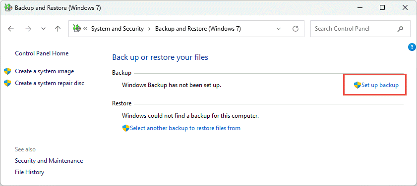Set up backup in Backup and Restore (Windows 7).