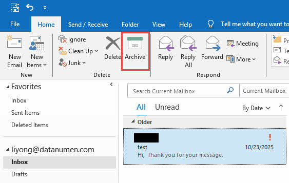 Use the Archive button to archive emails in classic Outlook.