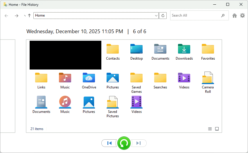 In the File History, browse through your backed-up folders to locate the file you need.