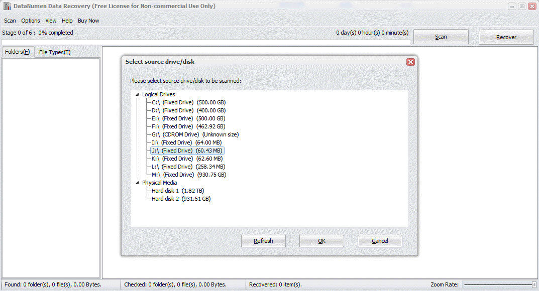 In DataNumen Data Recovery, select the source drive or disk where you want to recover deleted files.