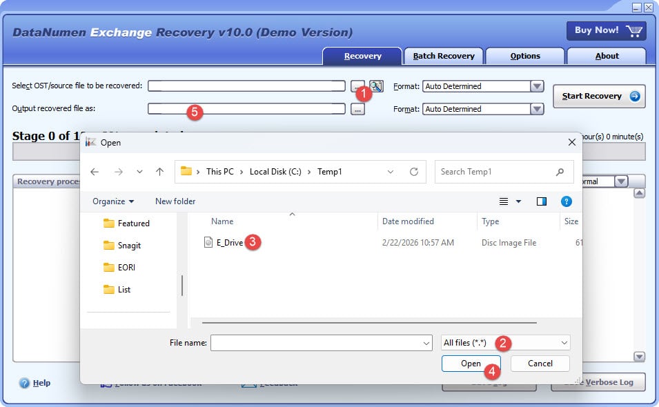 Use DataNumen Exchange Recovery to recover OST file data from a disk image file.