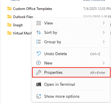 In File Explorer, right-click on the folder and select Properties to open the Properties dialog.