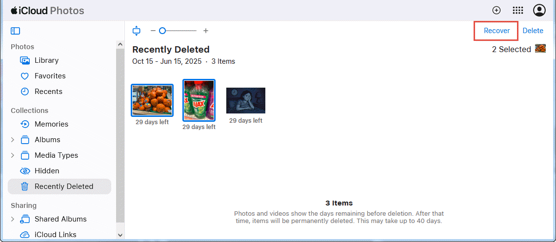 Recover photos from iCloud Recently Deleted album.