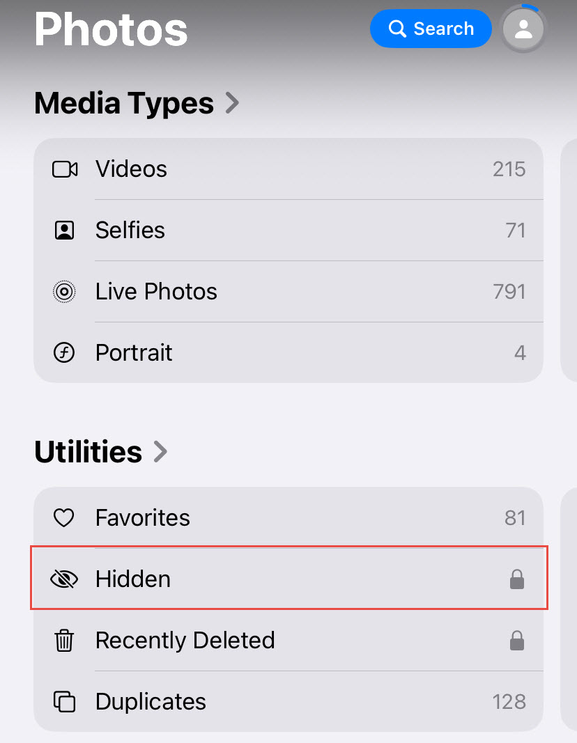 Open the Hidden album in iPhone Photos app.