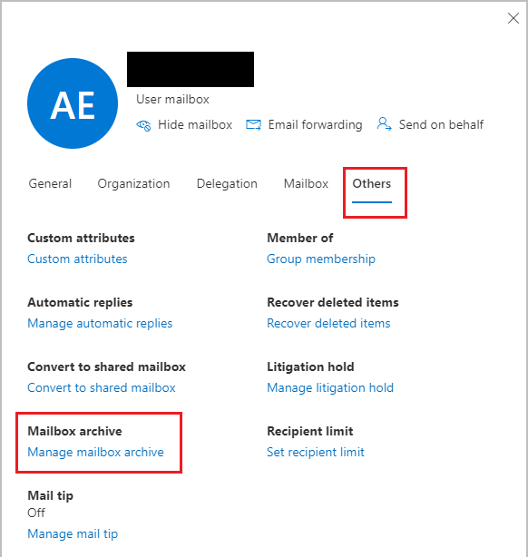 Manage mailbox archive in the Exchange admin center.
