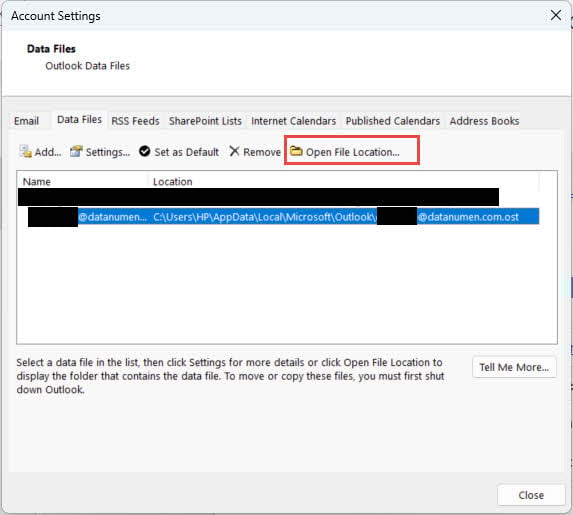 Find the OST file location in Outlook's Account Settings.