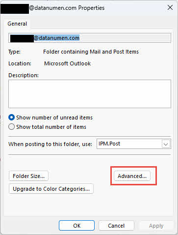 The Properties dialog for the selected OST file.
