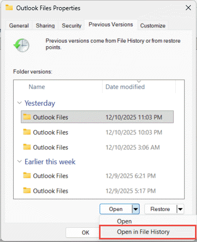 Select "Open in File History" in the "Previous Versions" tab.