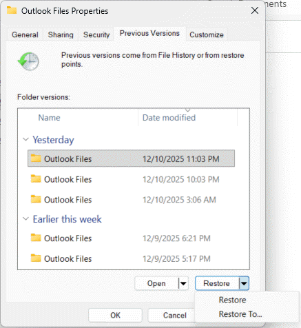 Select "Restore" or "Restore to" in the "Previous Versions" tab to recover deleted files.