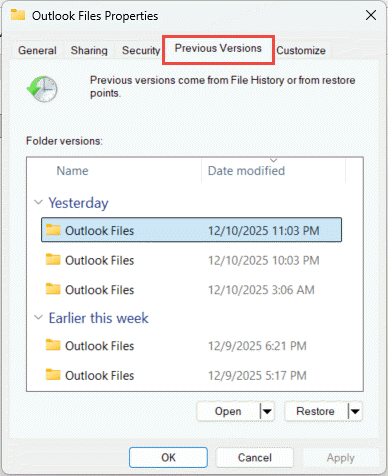 The Previous Versions tab in the Properties dialog.