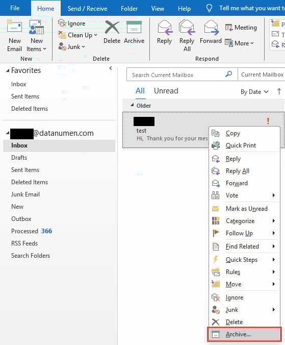 Right click an email and select "Archive" to archive an email in Outlook.
