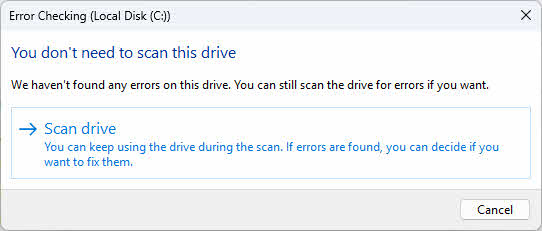 Scan and check drive errors to repair corrupt OST file