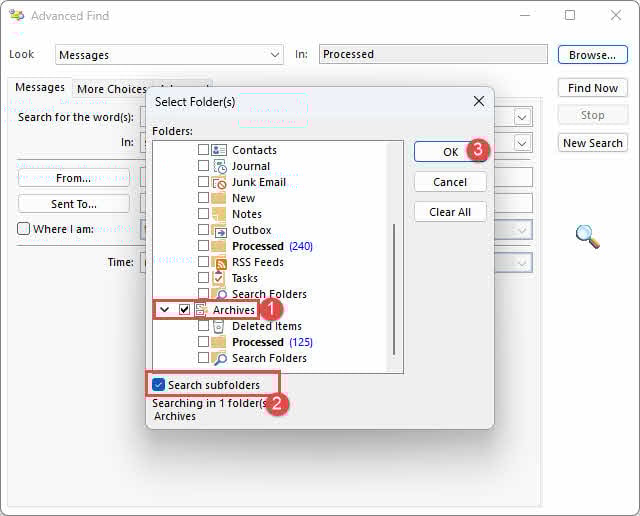 Search in the Archive file and all its subfolders.