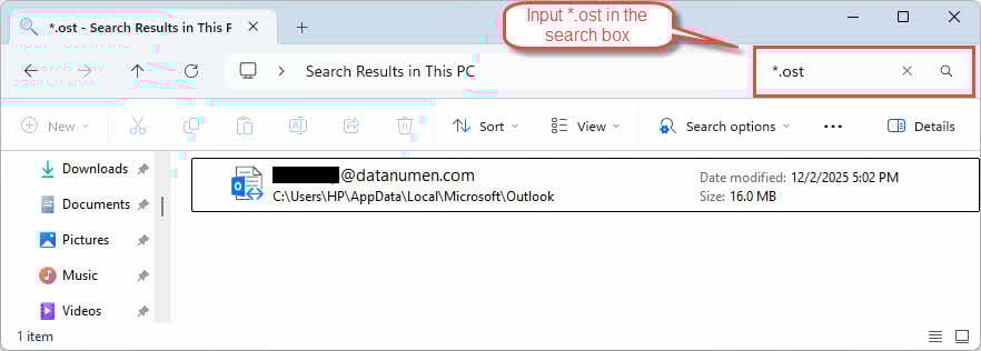 Search for OST files in Windows Explorer.