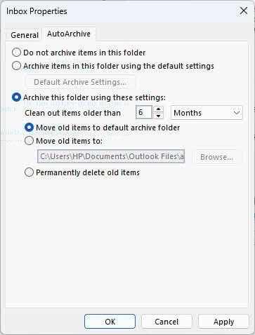 Set the AutoArchive settings for a specific folder in Outlook.
