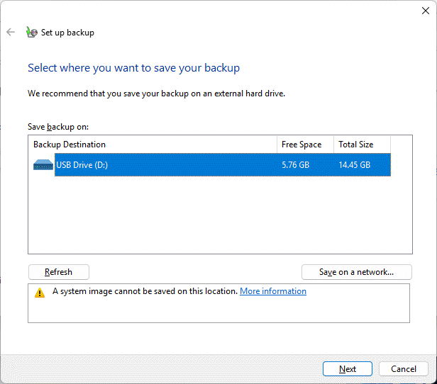 Set up backup dialog