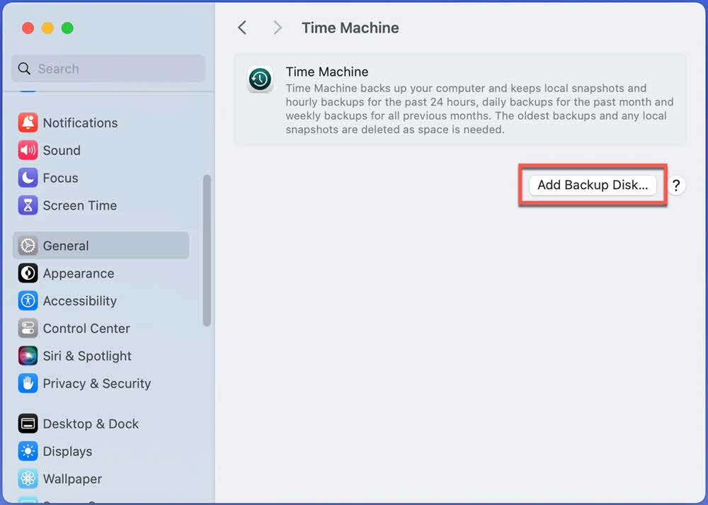 Add backup disk in Time Machine