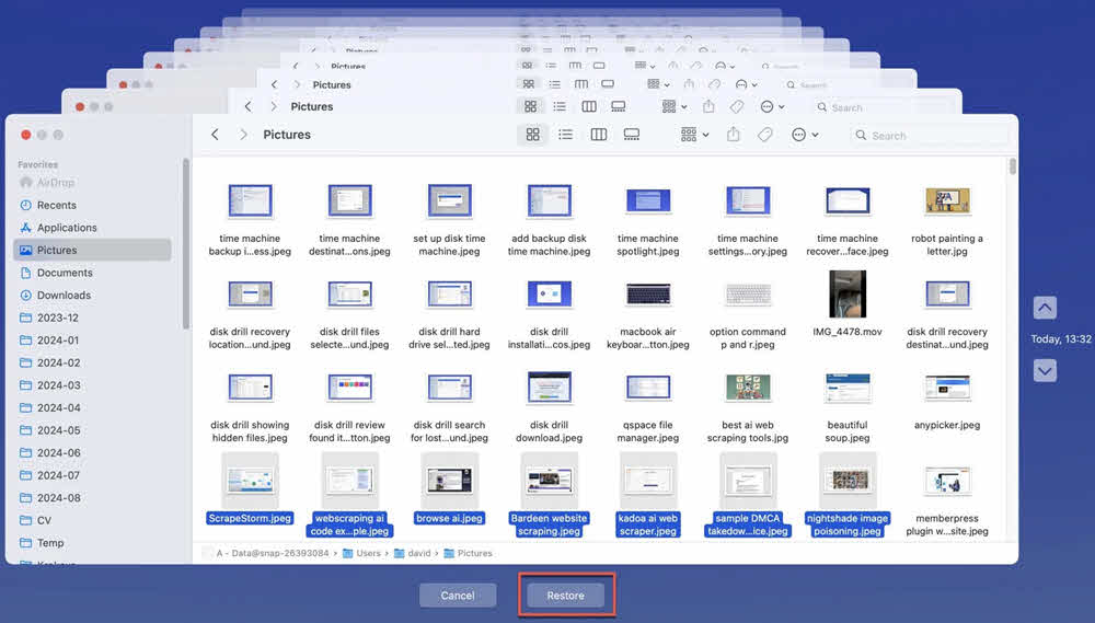 Recover deleted files in Time Machine.