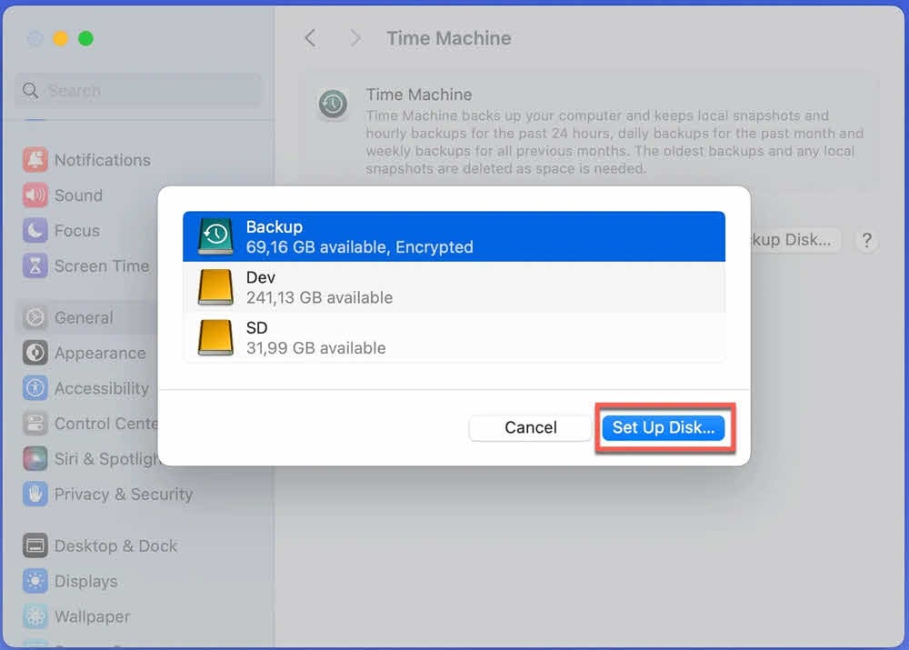Set up disk in Time Machine