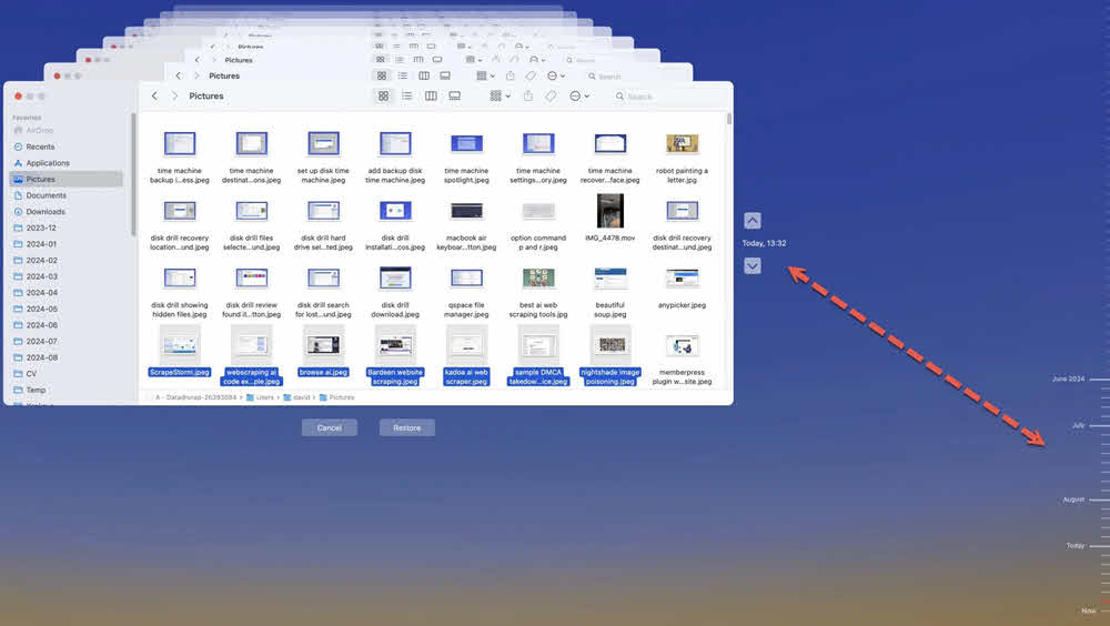 Use the time line to find the file in Time Machine.