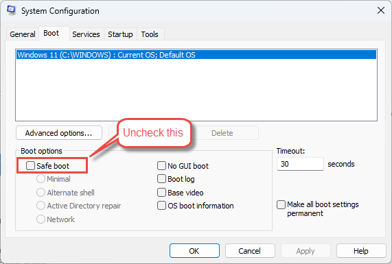 In MSConfig, uncheck the safe boot to be able to run System File Checker
