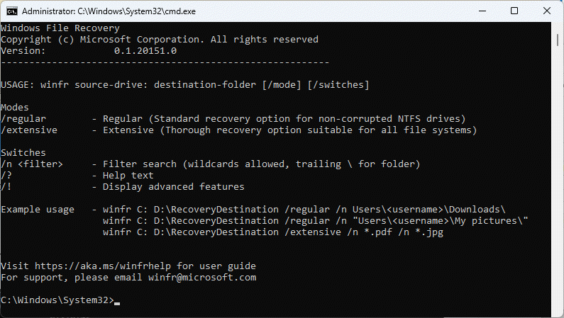Use Windows File Recovery in command prompt window to recover deleted files