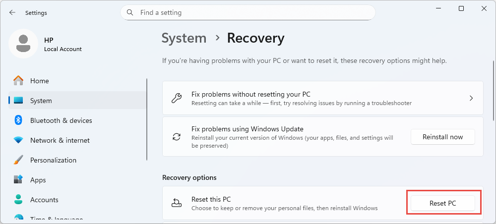 The Windows Reset feature in the settings.