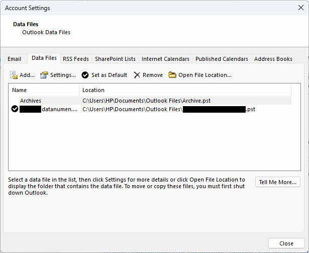 Get the Outlook data file path from the Account Settings in Outlook.