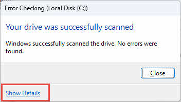 Show the CHKDSK scan result details after scan completes.
