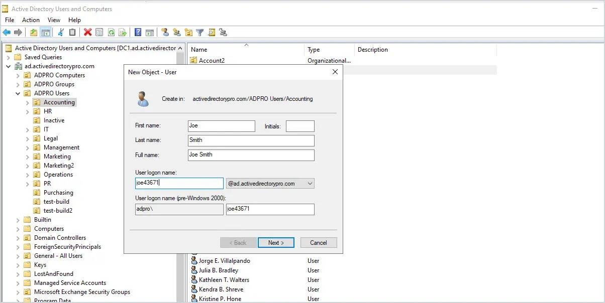 Create new active directory user account.