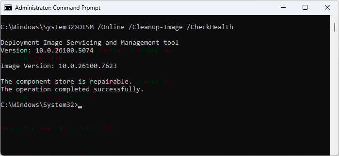 Use the DISM /Online /Cleanup-Image /CheckHealth command to quick check whether the current running Windows (online image) has been flagged as corrupted by a previous failed operation.