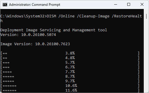 Use the DISM /Online /Cleanup-Image /RestoreHealth command to perform the actual repair of corruption in the current running Windows (online image).
