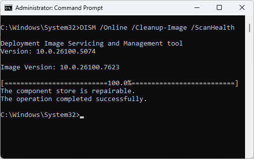 Use the DISM /Online /Cleanup-Image /ScanHealth command to perform a deep scan for corruption in the current running Windows (online image).