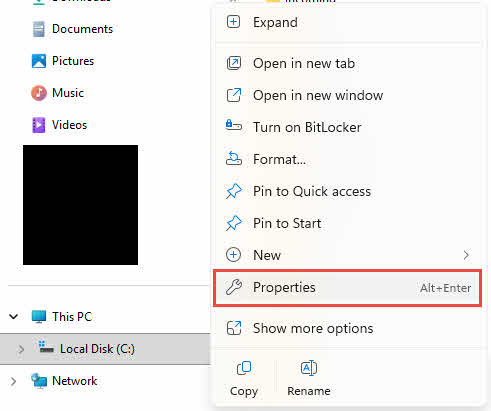 Right click the drive to be checked and select Properties from the context menu.