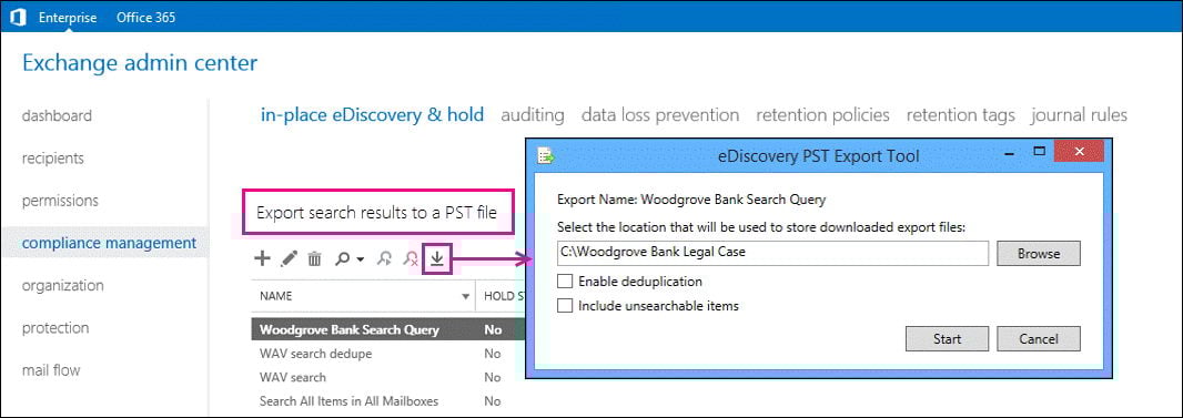 Use eDiscovery in Exchange Admin Center to export emails to a PST file to backup Outlook emails.