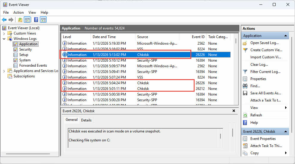 In Event Viewer, look for events with source "Chkdsk" or "Wininit".