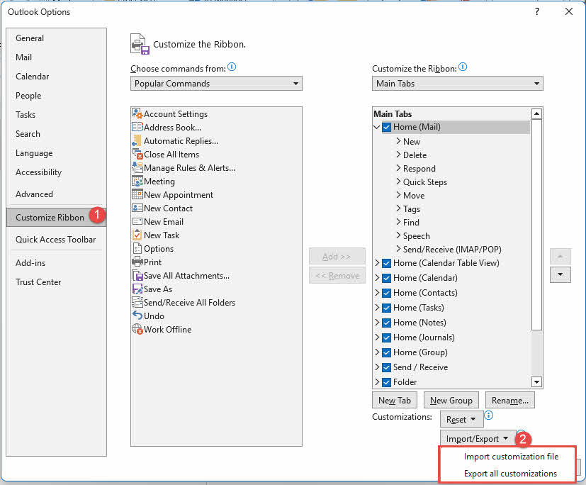 Export the customized ribbon settings in Outlook.