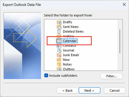 Export the calendars in Outlook