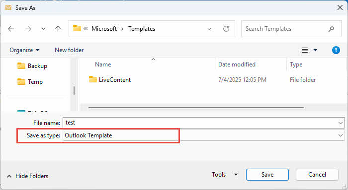 Save an email as a template in Outlook.