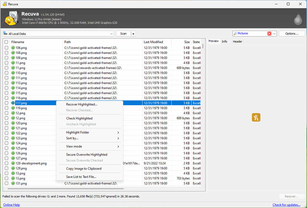 Use Recuva for hard drive recovery