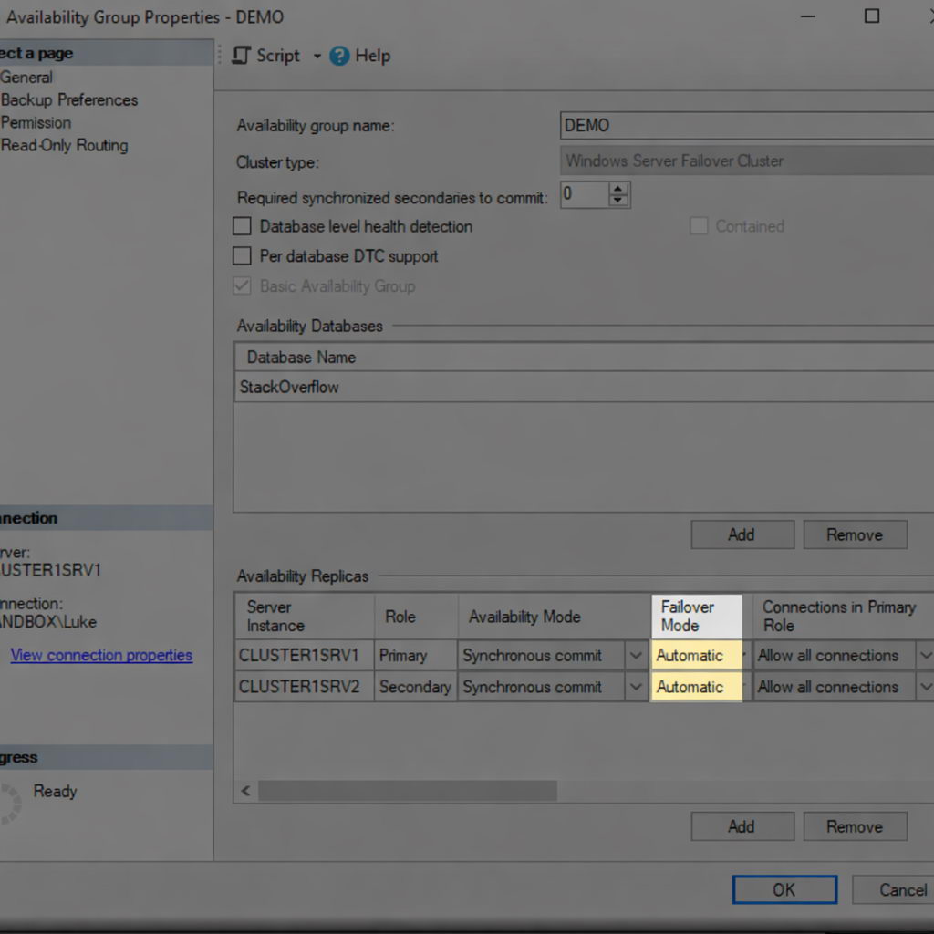 Set the failover modes for availability replicas