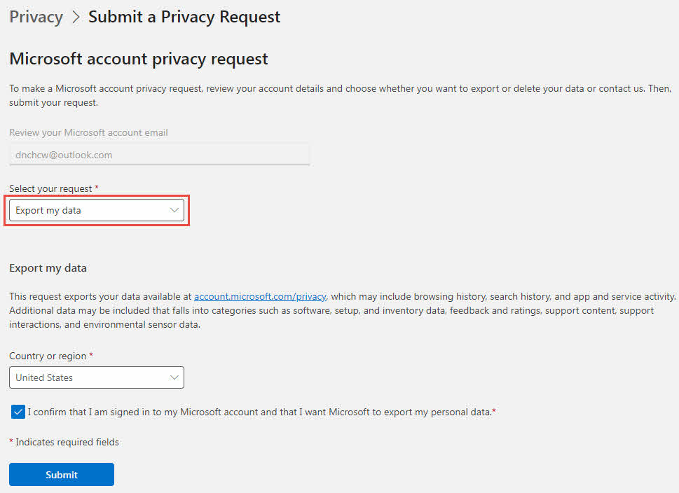 Make a request related to a personal Microsoft account to backup Outlook emails.