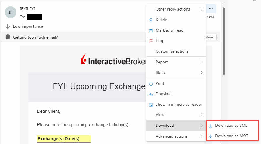 Save one email as a EML/MSG file in Outlook.com webmail to backup an outlook email.
