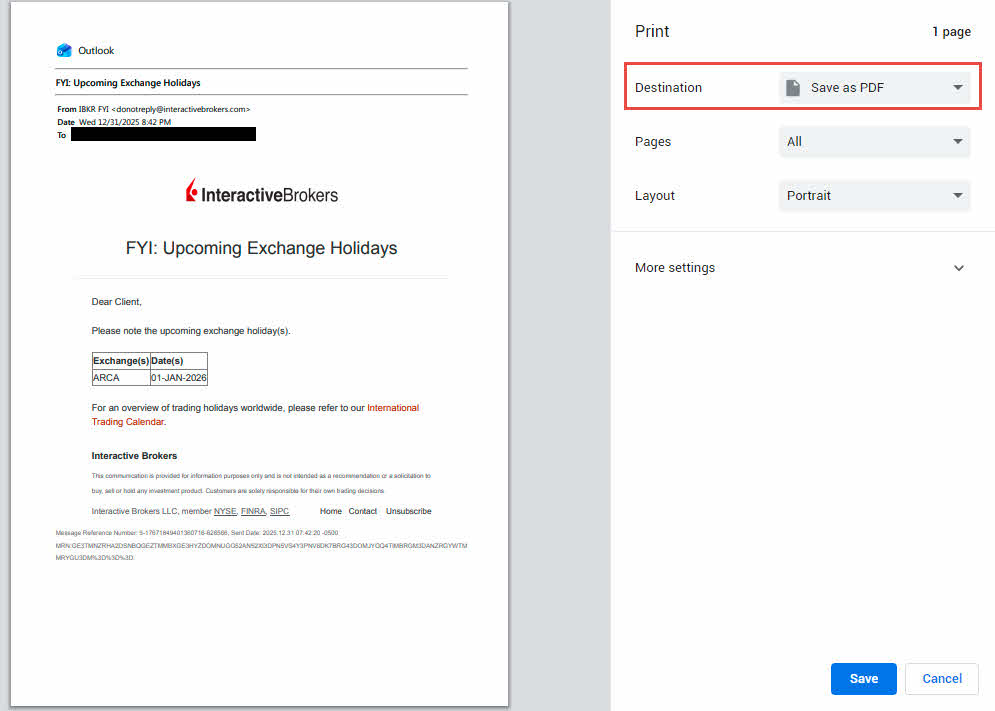 Save one email as a PDF file in Outlook.com webmail to backup an outlook email.
