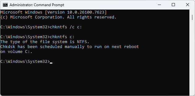 Use chkntfs /c to schedule chkdsk to scan a drive.