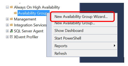 Start the new availability group wizard to create a new SQL Server always on availability group