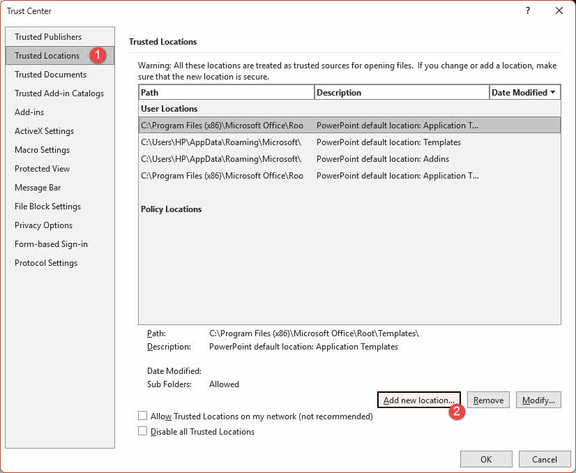Add the folder containing the corrupt PowerPoint file as a new trusted location in PowerPoint trust center.